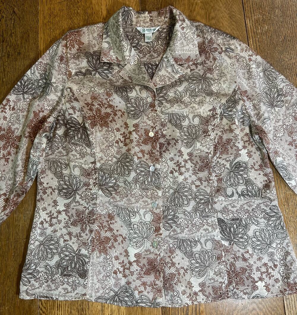 Vintage Austin-Reed 100% Silk Paisley Blouse Sz 14 Brown & Cream London NY